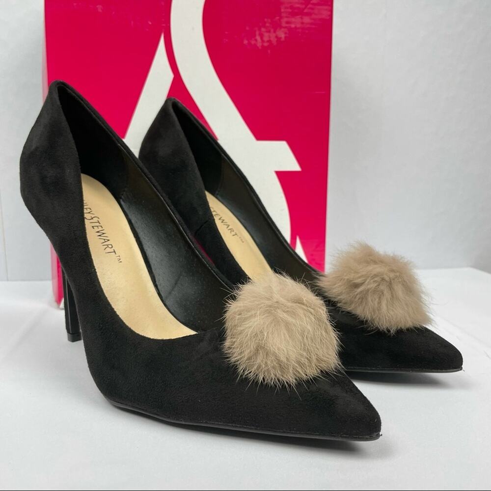 Ashley Stewart 10W NEW Black Faux Suede Pom Pom Puff High Heel Party Pumps